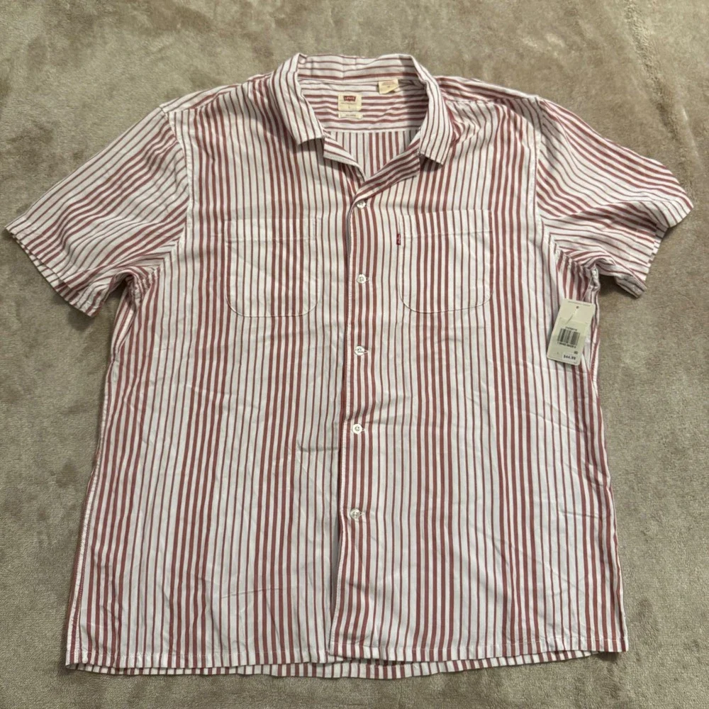 Levis Classic Camper Relaxed Fit Shirt Mens Large Red White Striped NWT viscose